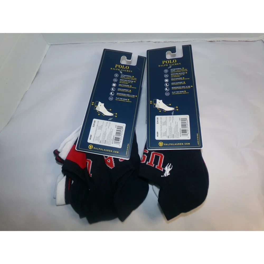 Polo Ralph Lauren Mens 6 Pairs Low Cut Tab Performance Socks XL White Navy Red
